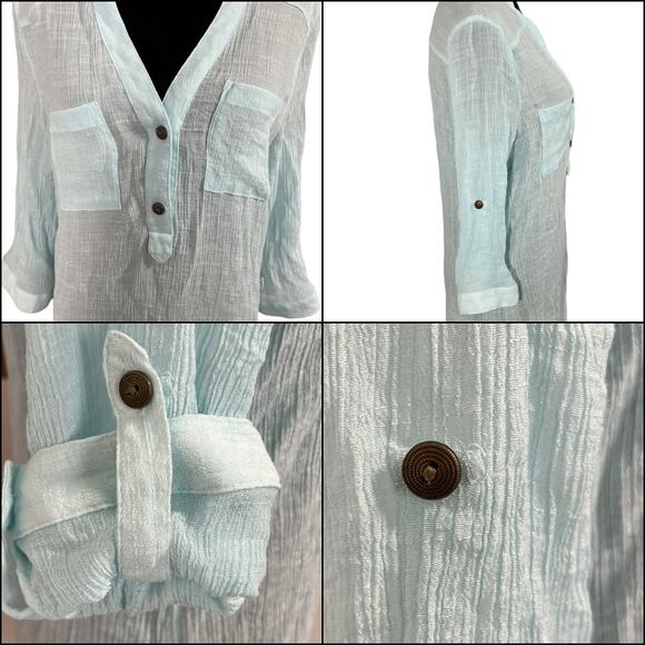 Iz Byer Henley Gauzy Crepe Tunic Top Blouse 3/4 Roll Tab Sleeve Light Blue XL - Picture 3 of 15